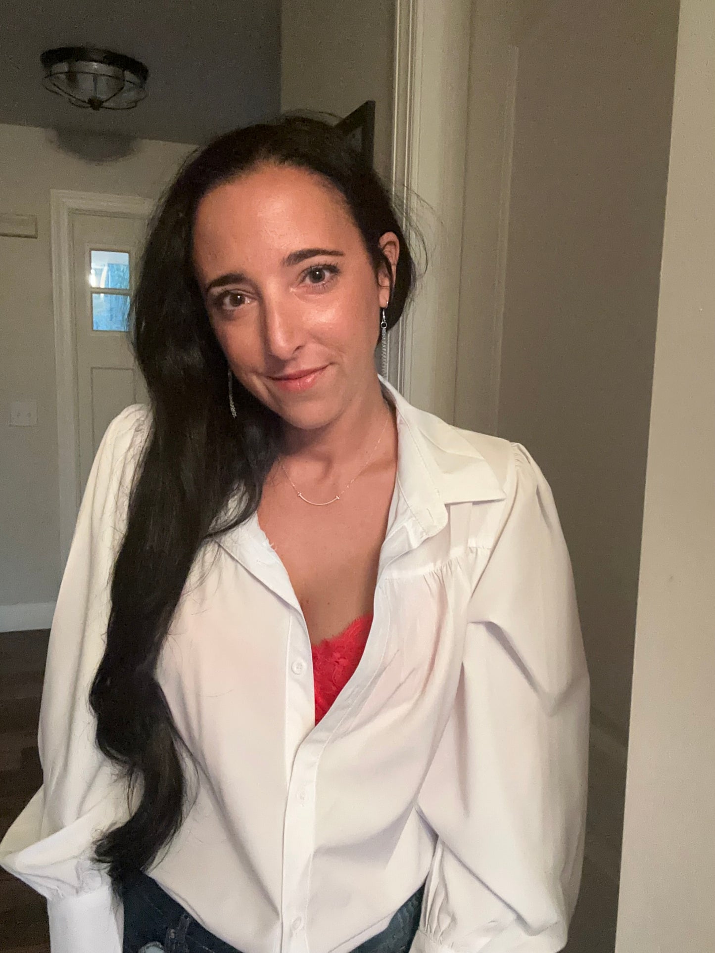 White Dress it Up or Down Lantern Sleeve Blouse