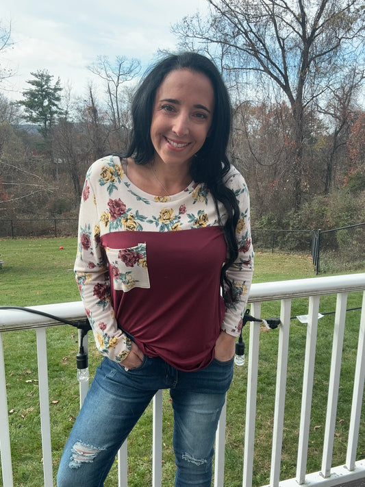 Burgundy and Cream Bouquet shirt